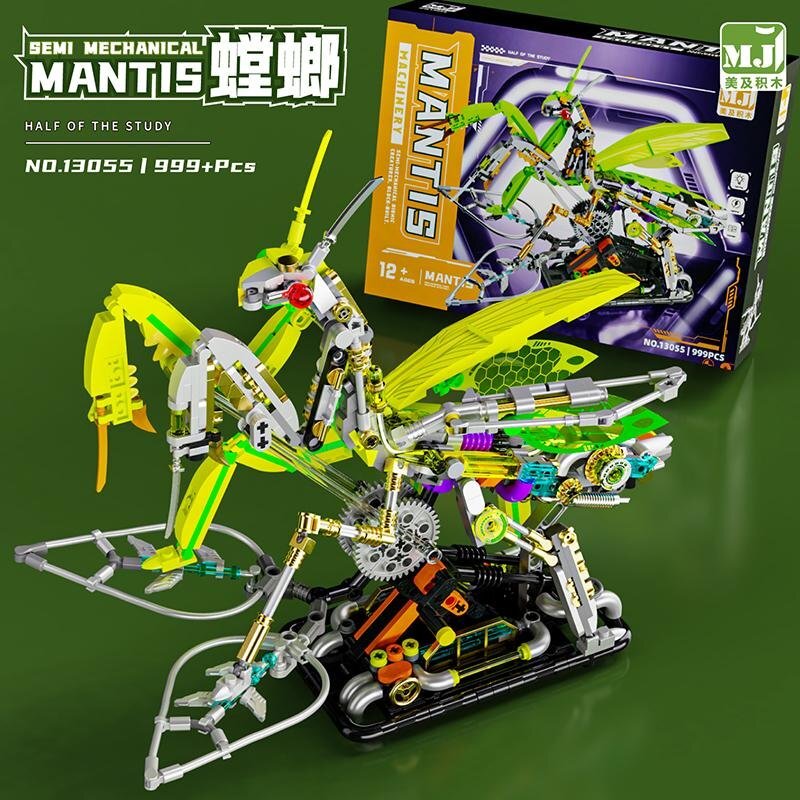 Mechanical Mantis – MJI 13055 motorised building set – assembled model next to its retail box
