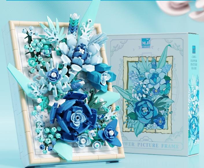 Vast Glaze Flower Picture Frame – MJI 13060 botanical building set – assembled flower frame next to its retail box