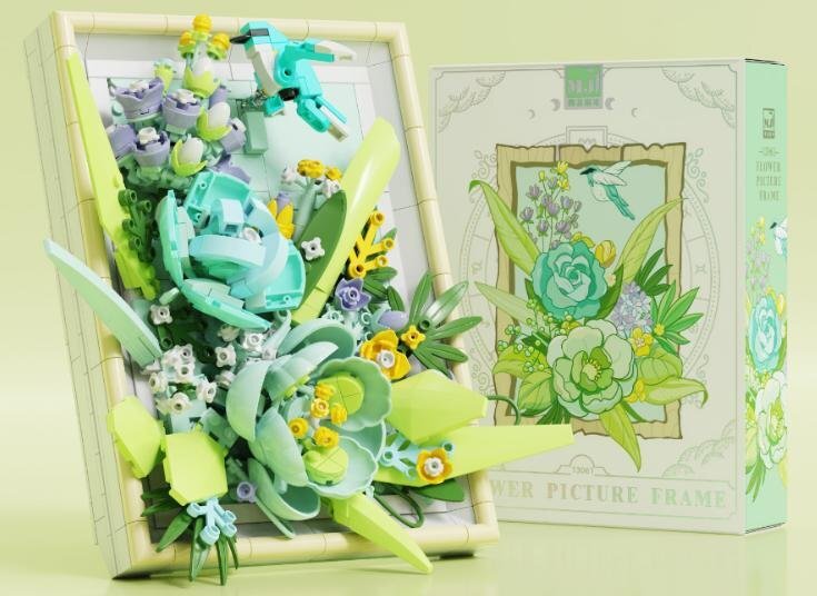 Floating Emerald Flower Picture Frame – MJI 13061 botanical building set – assembled flower frame next to its retail box