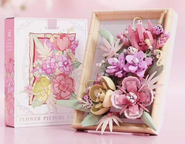 Sunset Crimson Flower Picture Frame – MJI 13062 botanical building set – assembled flower frame next to its retail box