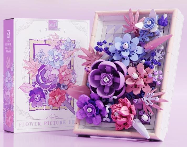 Golden Purple Flower Picture Frame – MJI 13063 botanical building set – assembled flower frame next to its retail box