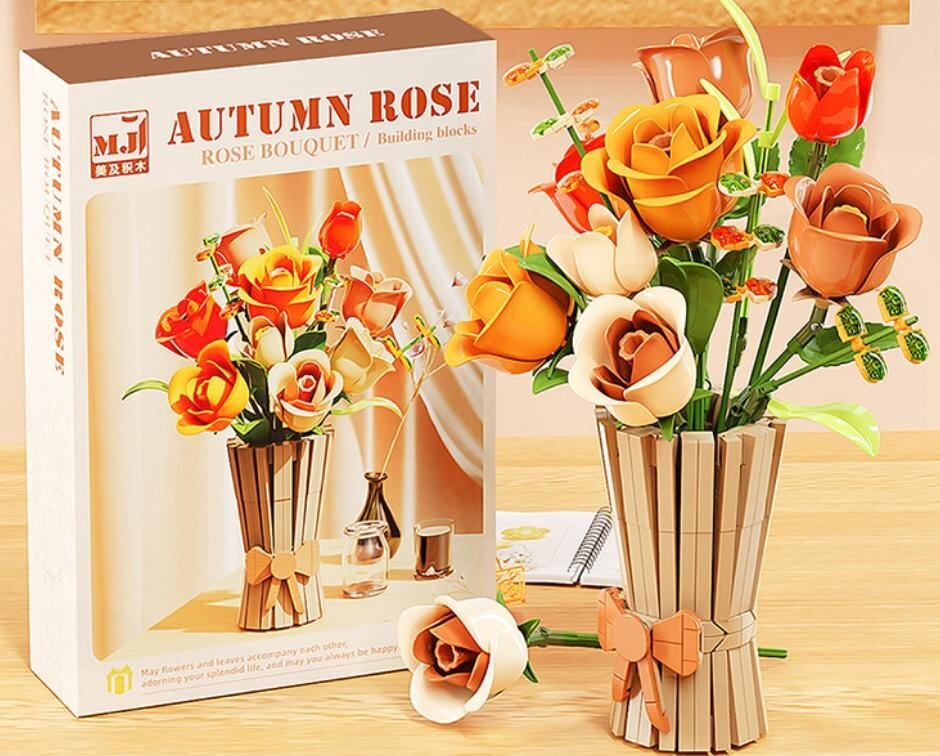 Gift-Bag Bouquet – MJI 13066 botanical building set – assembled bouquet in its gift-bag vase next to the retail box