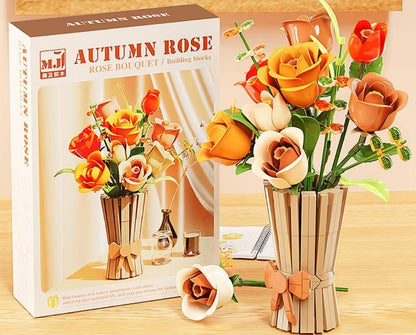 Gift-Bag Bouquet – MJI 13066 botanical building set – assembled bouquet in its gift-bag vase next to the retail box