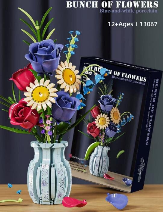 Blue & White Porcelain Bouquet – MJI 13067 botanical building set – assembled model in a home setting with retail box inset