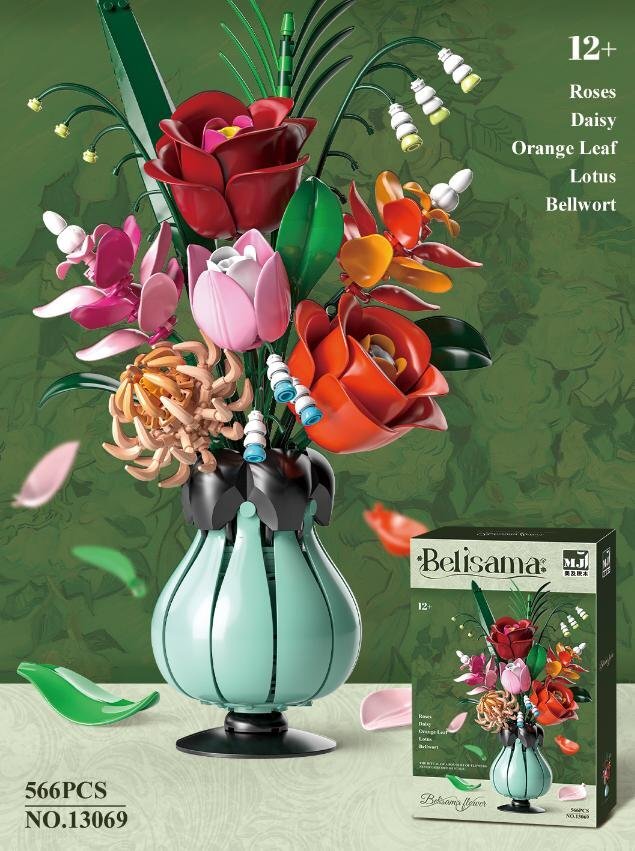 Pandora Bouquet – MJI 13069 botanical building set – assembled model in a home setting with retail box inset