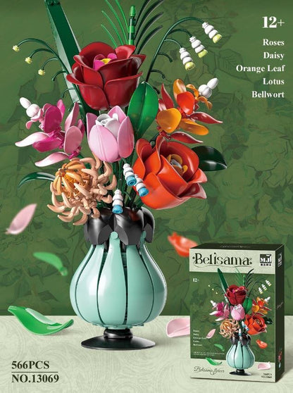 Pandora Bouquet – MJI 13069 botanical building set – assembled model in a home setting with retail box inset