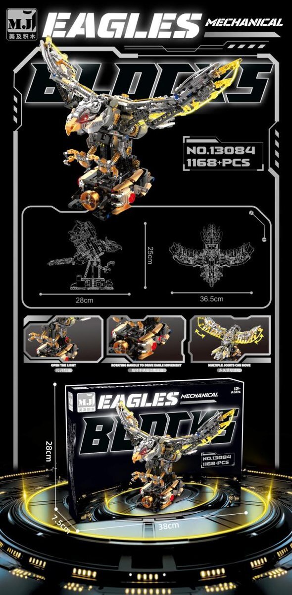 Mechanical Eagle – MJI 13084 motorised building set – promotional poster of the assembled model with specifications