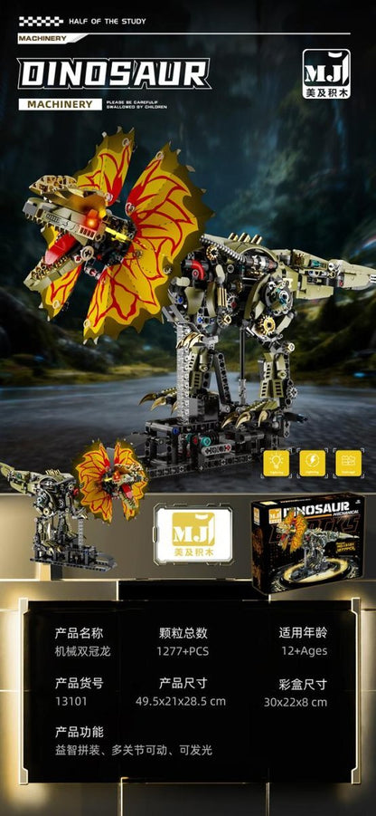 Mechanical Dilophosaurus – MJI 13101 motorised building set – promotional poster of the assembled model with specifications