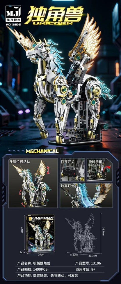 Mechanical Unicorn – MJI 13106 motorised building set – promotional poster of the assembled model with specifications