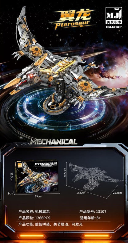 Mechanical Pterosaur – MJI 13107 motorised building set – promotional poster of the assembled model with specifications