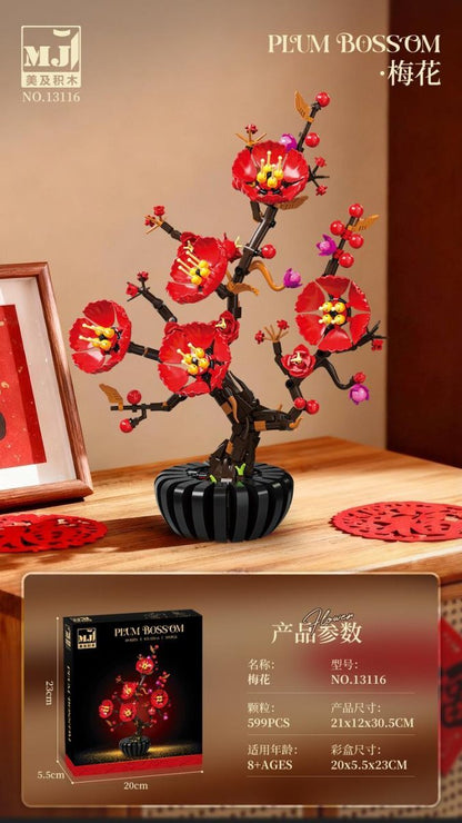 Plum Blossom Bonsai – MJI 13116 botanical building set – assembled model in a home setting with retail box inset
