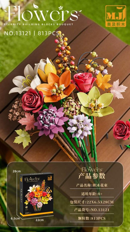 Autumn Banquet Bouquet – MJI 13121 botanical building set – assembled model in a home setting with retail box inset