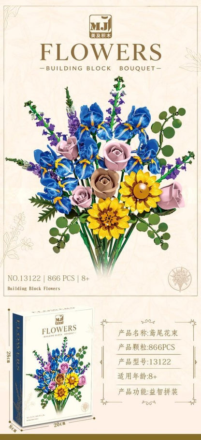 Iris Bouquet – MJI 13122 botanical building set – assembled model in a home setting with retail box inset
