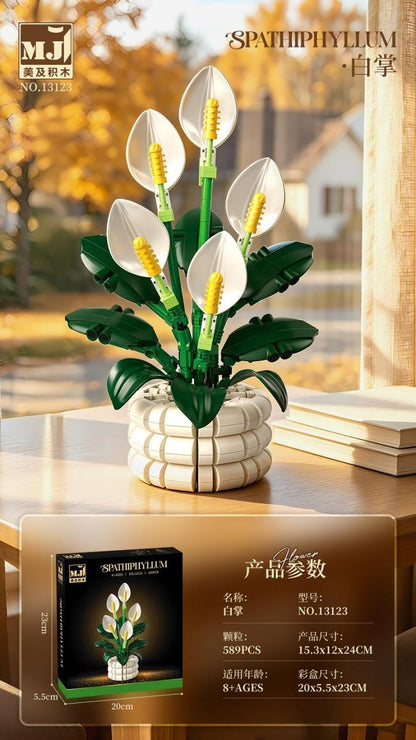 Peace Lily – MJI 13123 botanical building set – assembled model in a home setting with retail box inset