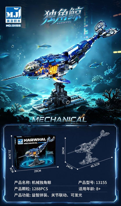 Mechanical Narwhal – MJI 13155 motorised building set – promotional poster of the assembled model with specifications