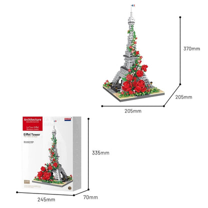 Eiffel Tower with Roses – Balody 16409 building set – model and box with dimensions