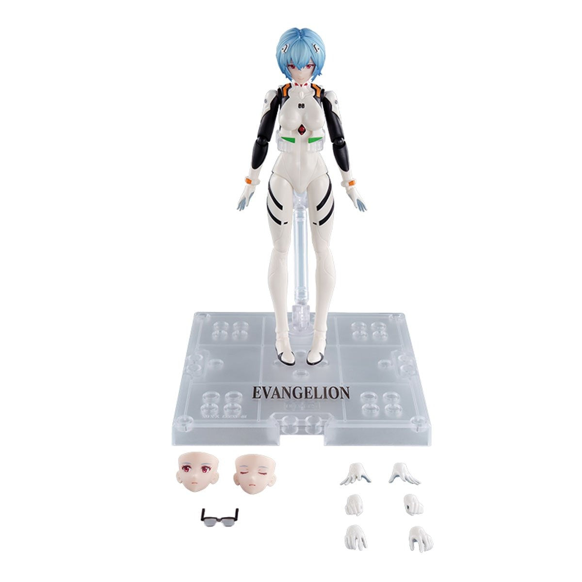 Rei Ayanami with Entry Plug Interior – Blokees Evangelion Fantastics Series EX-01 – Rei figure on display stand with replacement faces and hands