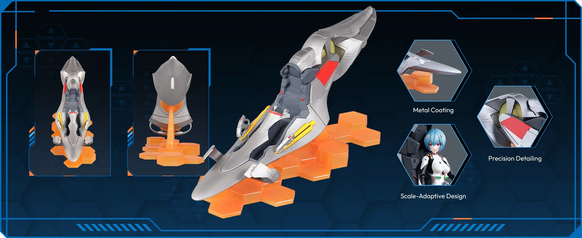 Rei Ayanami with Entry Plug Interior – Blokees Evangelion Fantastics Series EX-01 – Driving Scene feature graphic: Entry Plug top and front views, metal coating and scale with Rei