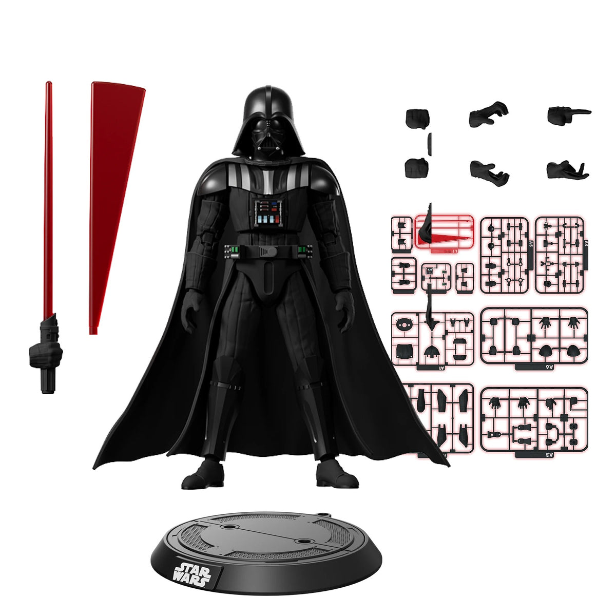 Darth Vader model kit – Blokees Star Wars Champion Class 01 – assembled model with lightsaber, hands, stand and parts, main view