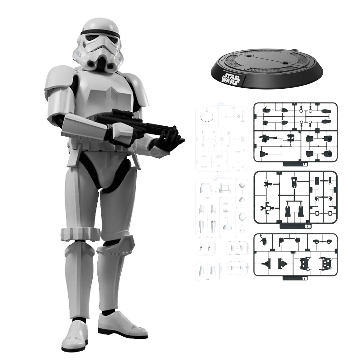 Stormtrooper model kit – Blokees Star Wars Champion Class 02 – assembled model with E-11 blaster, stand and parts, main view