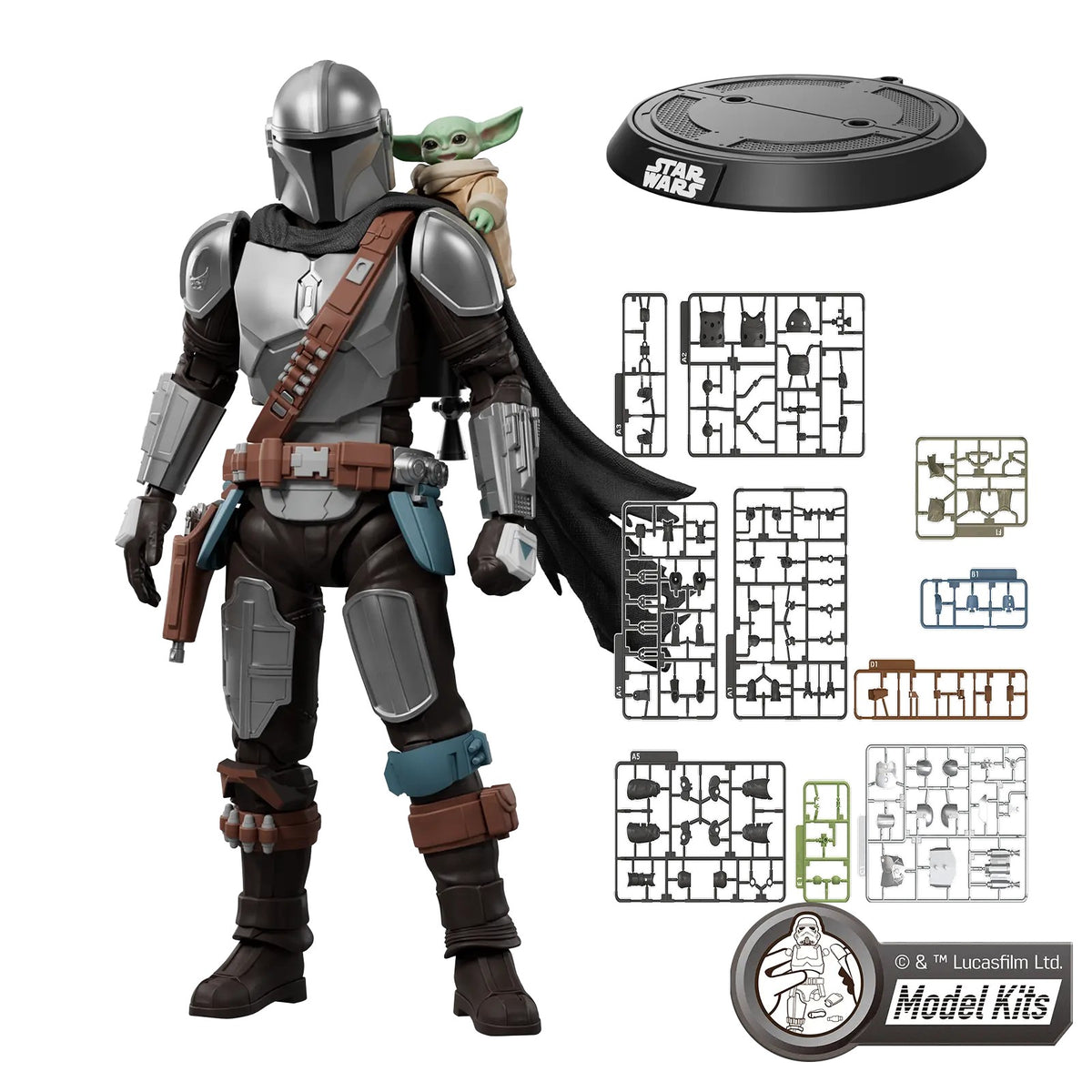 Din Djarin & Grogu – Blokees Star Wars Champion Class 05 – assembled model with Grogu, runners and display stand