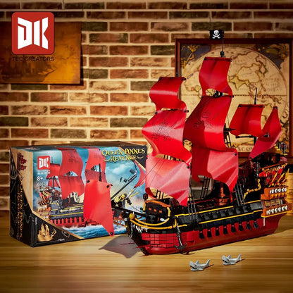 Queen Anne's Revenge Pirate Ship – DK 6002 building set – assembled ship next to the retail box