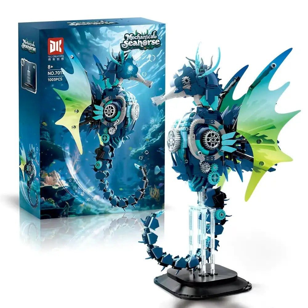 Mechanical Seahorse – DK 7011 building set – assembled seahorse next to its retail box