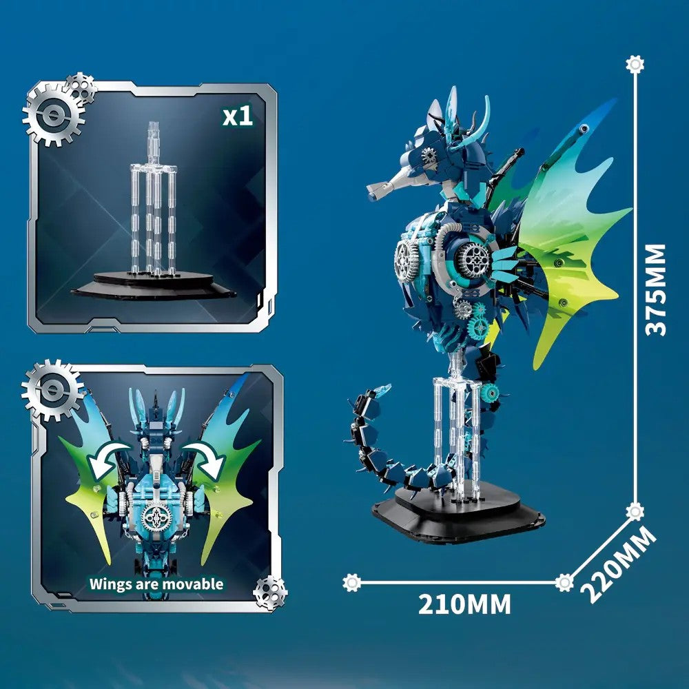 Mechanical Seahorse – DK 7011 building set – dimension drawing and display stand