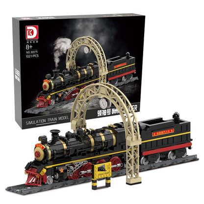 Leader Steam Locomotive – DK 80015 building set – assembled model with gantry next to the retail box