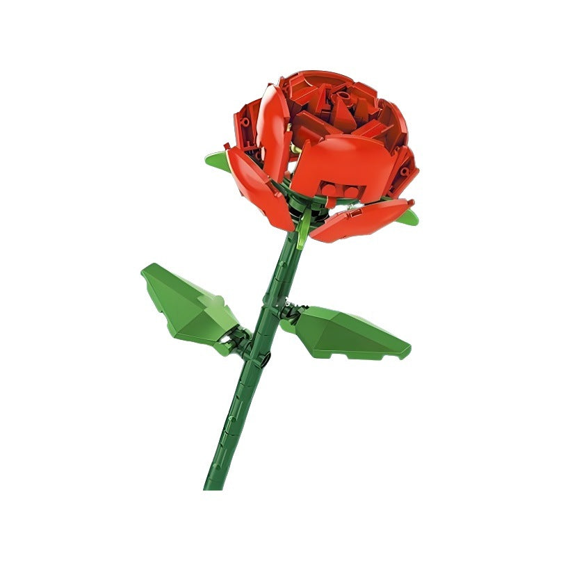 Red Rose – MJI 13030 botanical building set – assembled red rose on its green stem with two leaves, on a white background