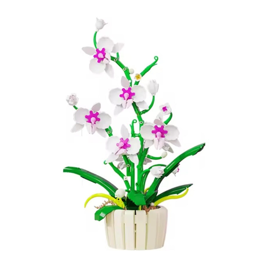 Orchid – MJI 13048 botanical building set – assembled orchid in the white/magenta colour, in its cream slatted pot, on a white background
