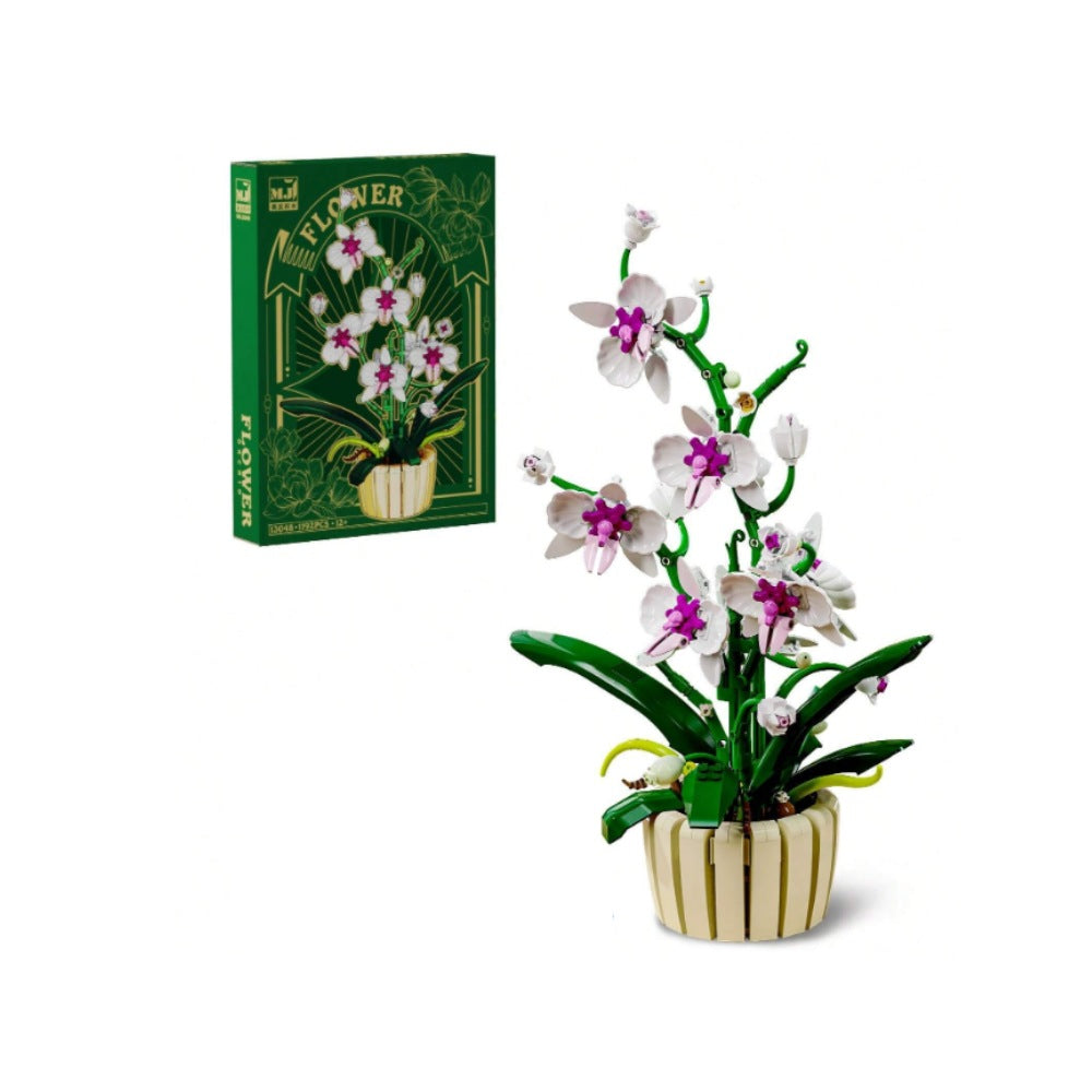 Orchid – MJI 13048 botanical building set – retail box next to the assembled white/magenta orchid, on a white background