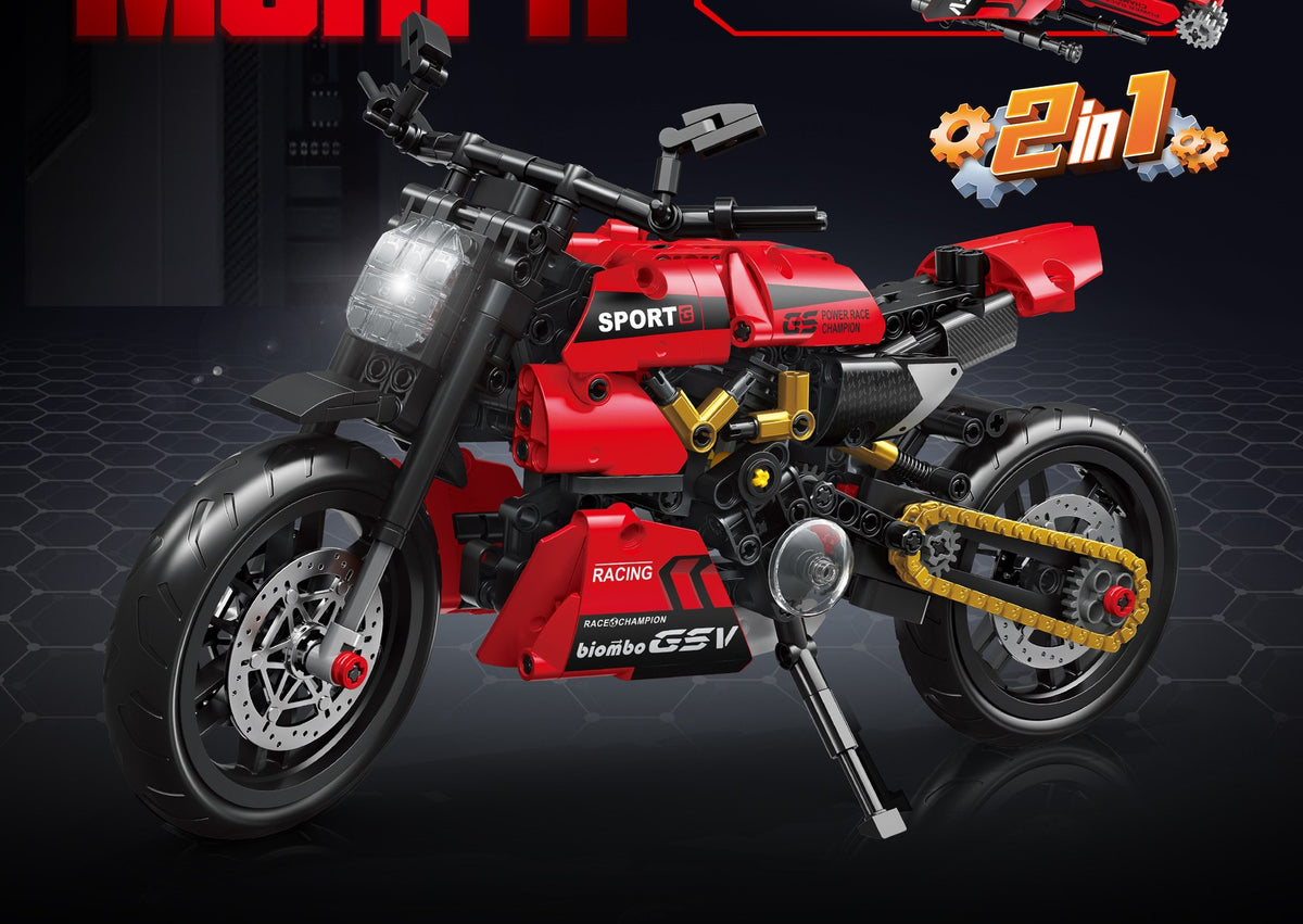 Red Motorcycle – Forange FC9302 building set – assembled motorcycle on a dark background