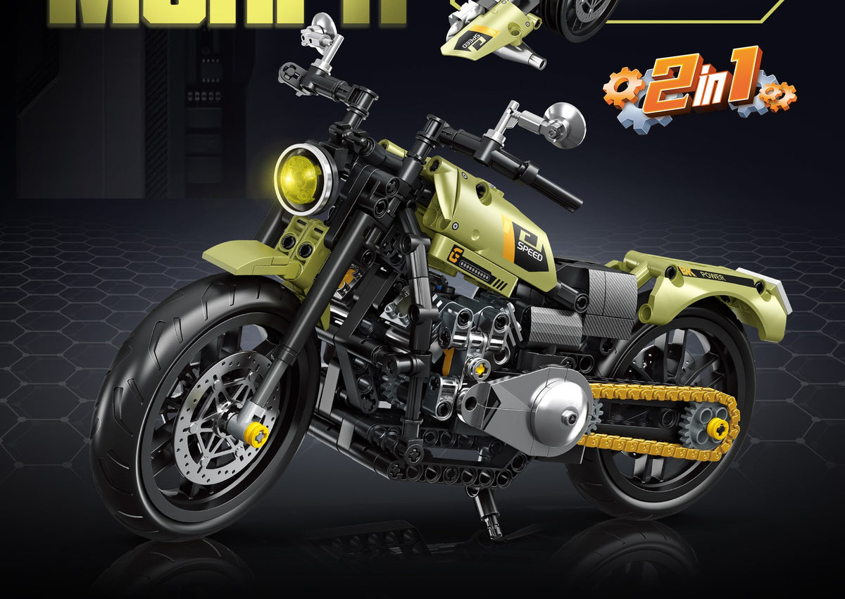 Green Motorcycle – Forange FC9303 building set – assembled motorcycle on a dark background