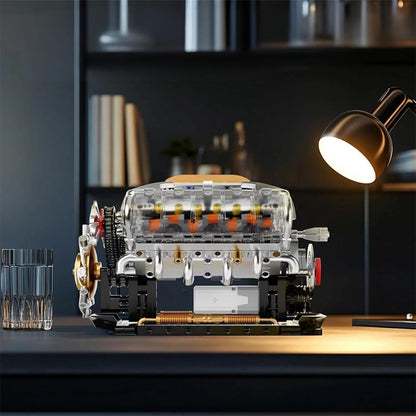 Motorised V8 Engine – GOQI GQ-3053 building set – engine on a desk, seen from the front
