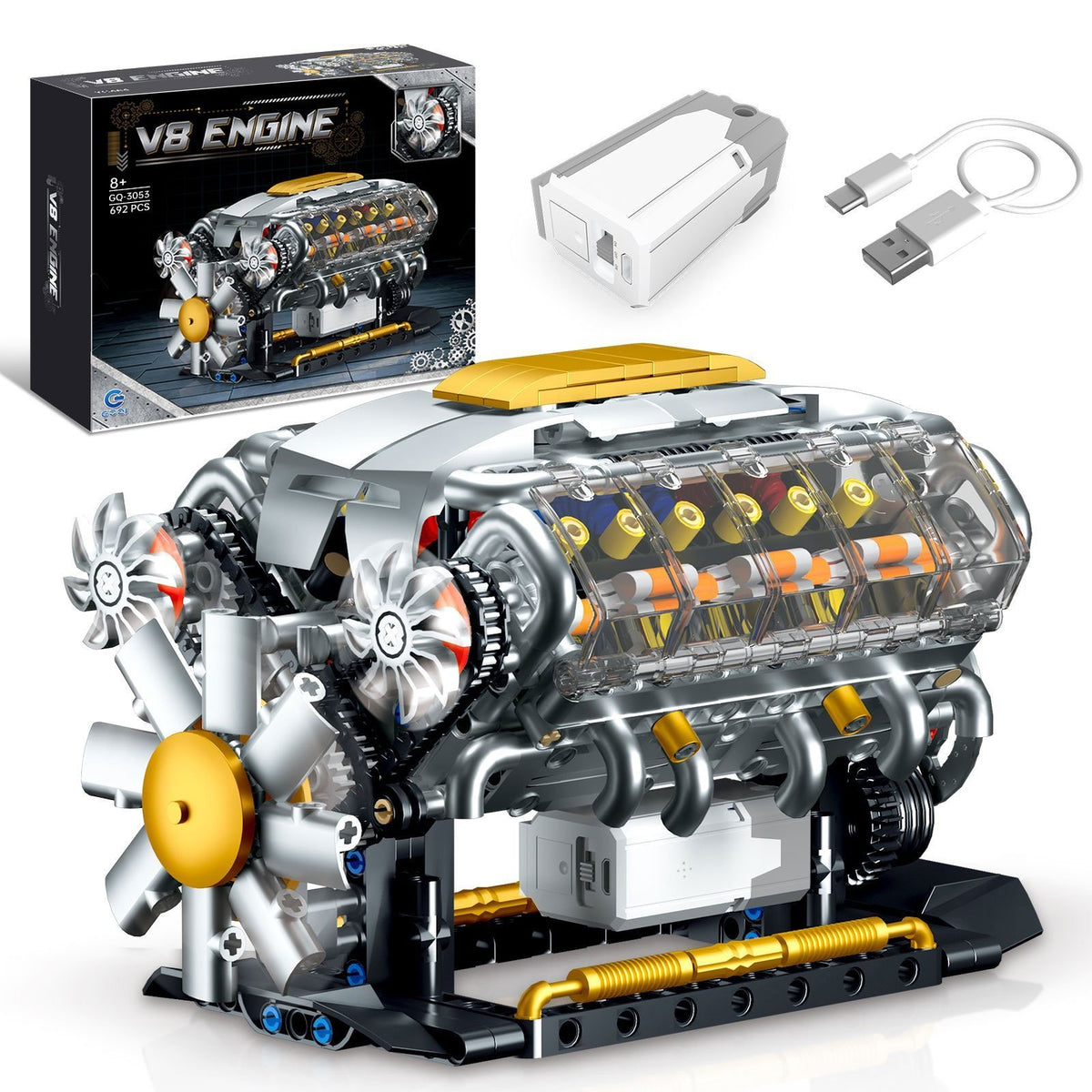 GOQI GQ-3053 Motorised V8 Engine – box, assembled model, motor and USB cable