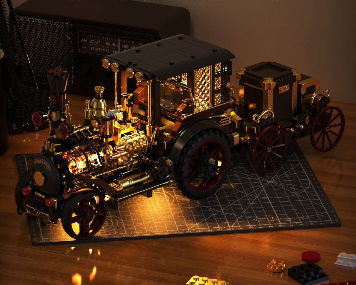 Vintage Steam Car – Huiji H1003 building set – assembled model on a desk