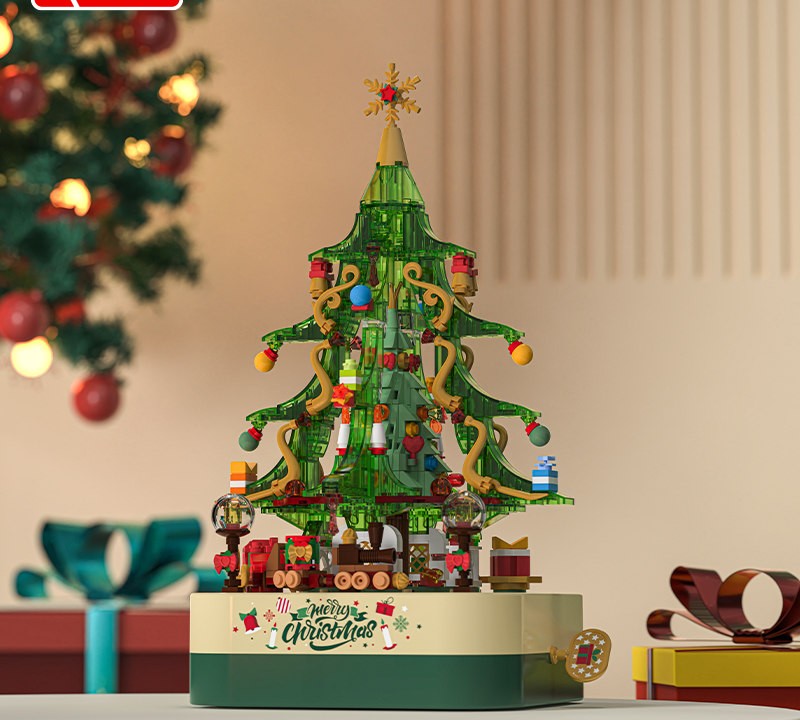 Musical Christmas Tree – JAKI JK1318 building set – assembled tree in a festive setting