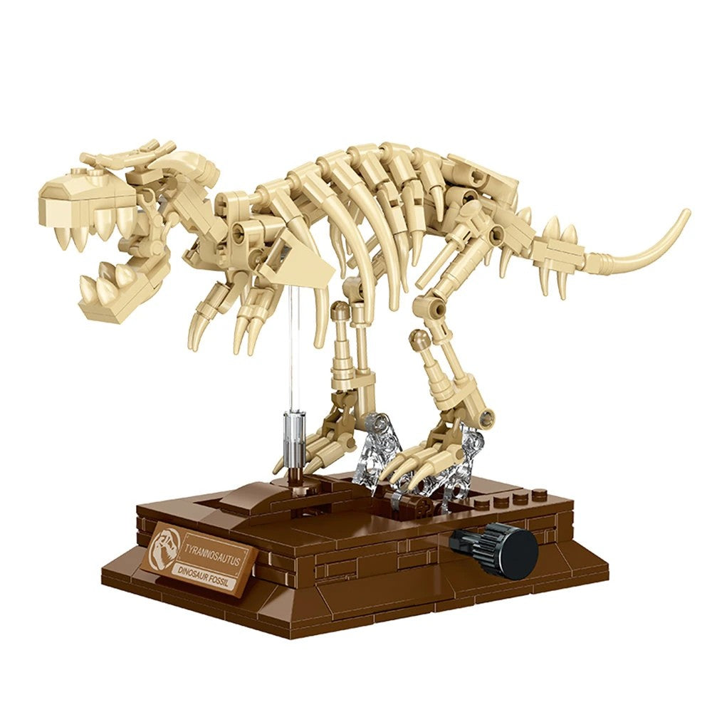 T-Rex Skeleton – JIESTAR 57035 building set – assembled skeleton on its museum display base