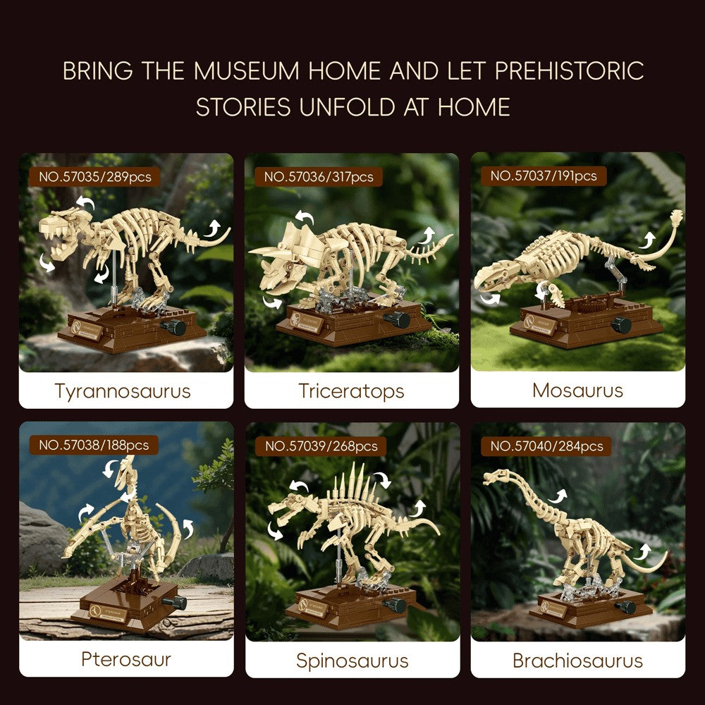 T-Rex Skeleton – JIESTAR Dinosaur Museum series – overview of the six sets with item numbers