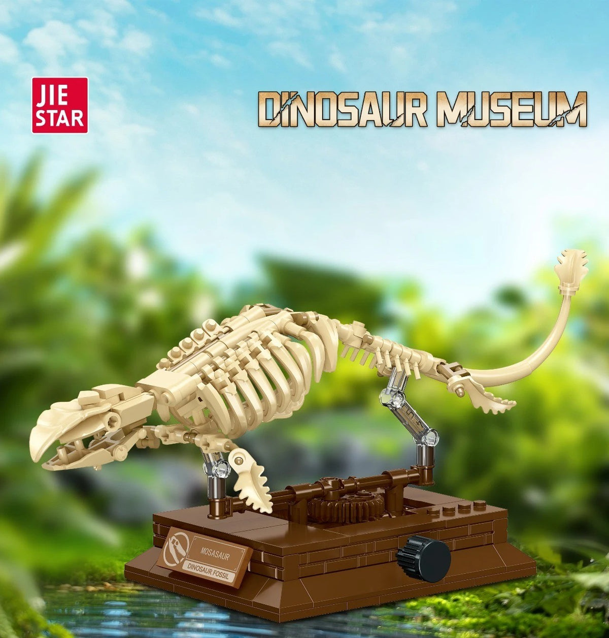 Mosasaurus Skeleton – JIESTAR 57037 building set – assembled skeleton in a museum display scene