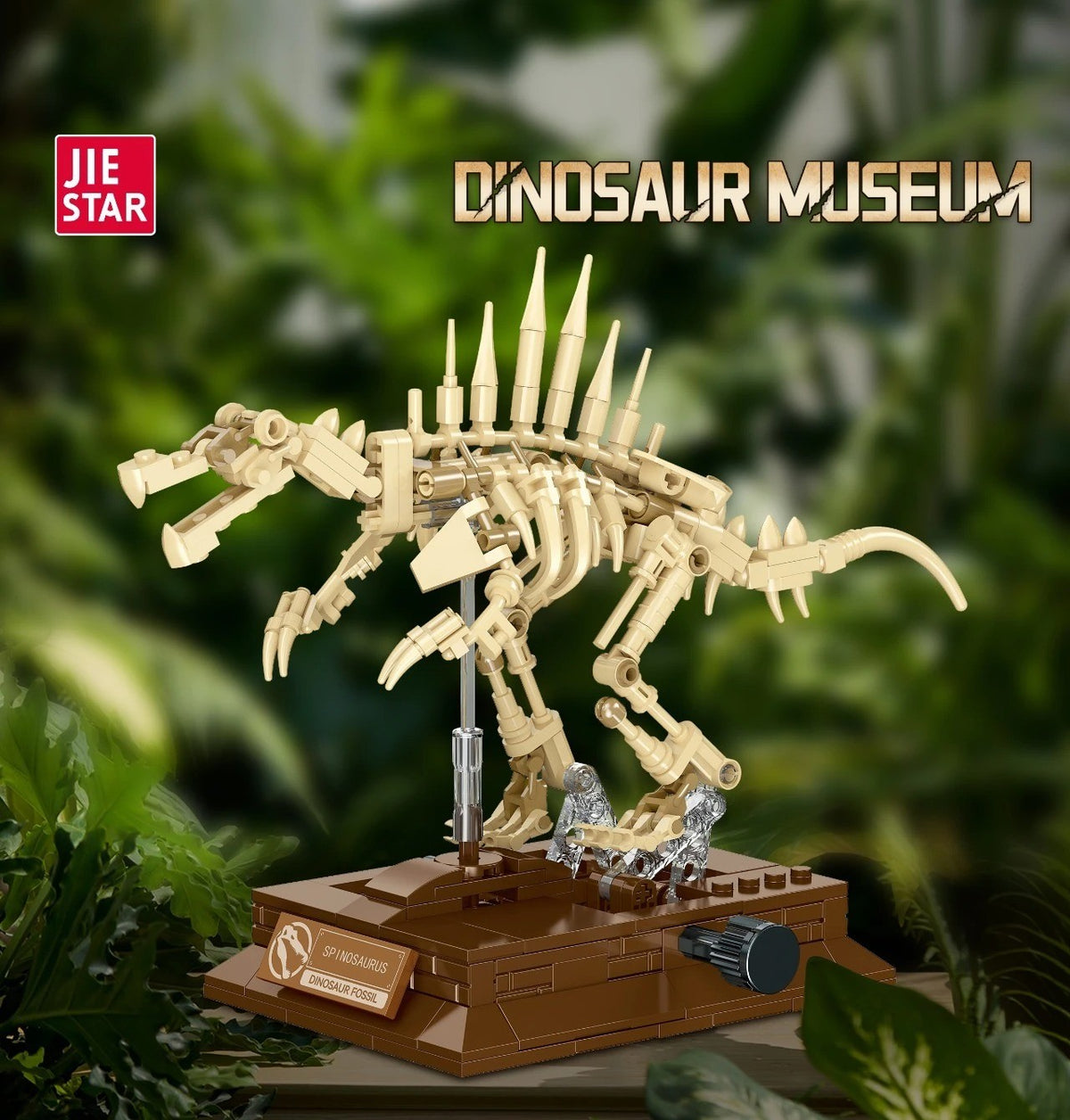 Spinosaurus Skeleton – JIESTAR 57039 building set – assembled skeleton in a museum display scene
