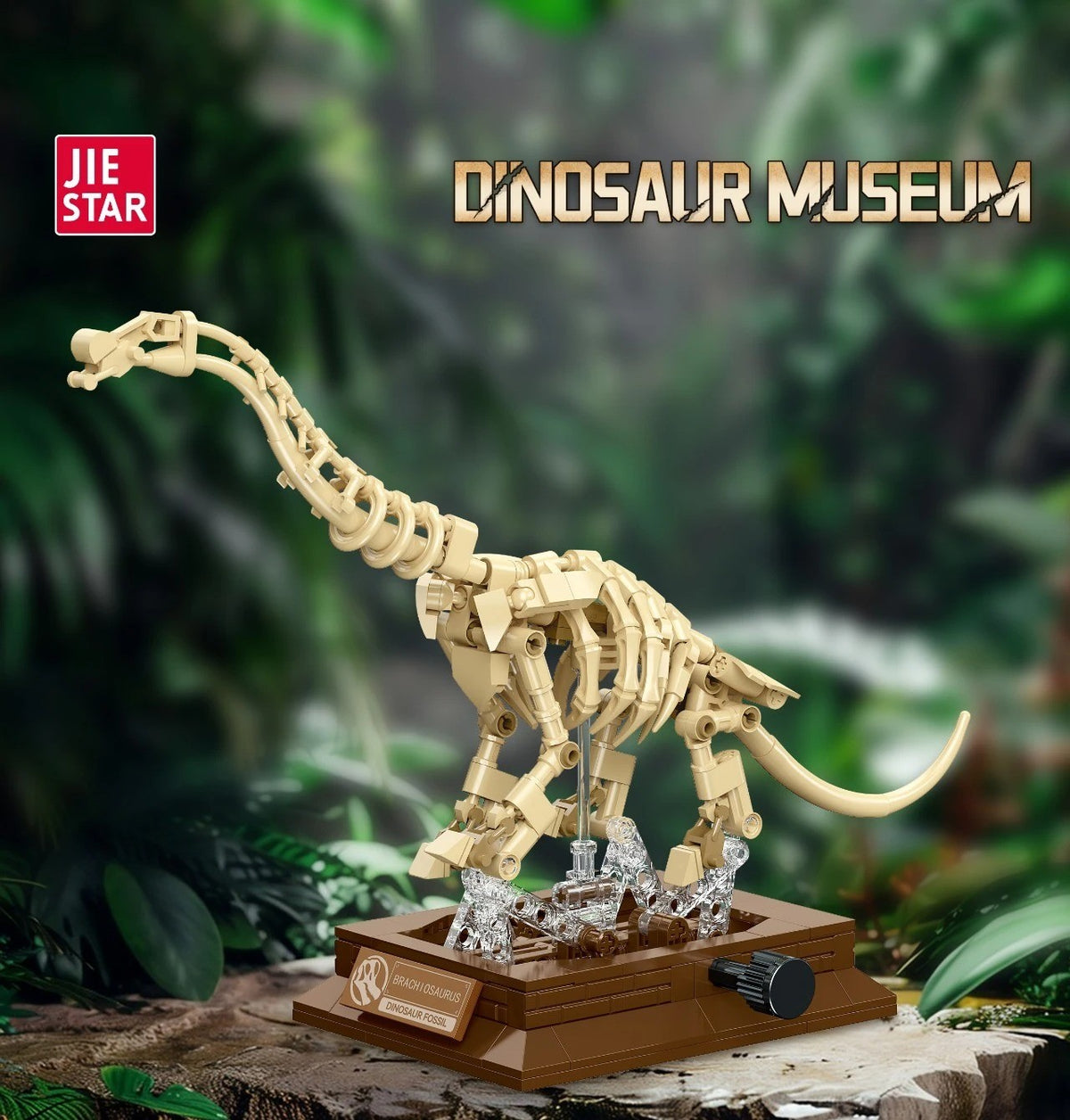 Brachiosaurus Skeleton – JIESTAR 57040 building set – assembled skeleton in a museum display scene