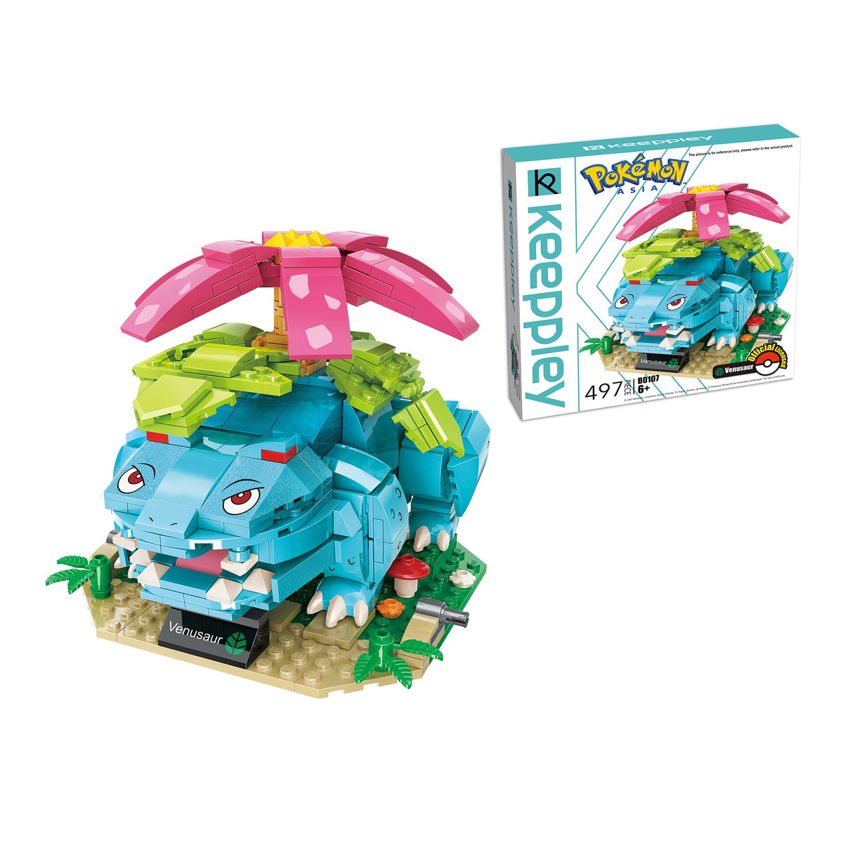 Venusaur – Keeppley B0107 Pokémon building set – assembled model next to the retail box