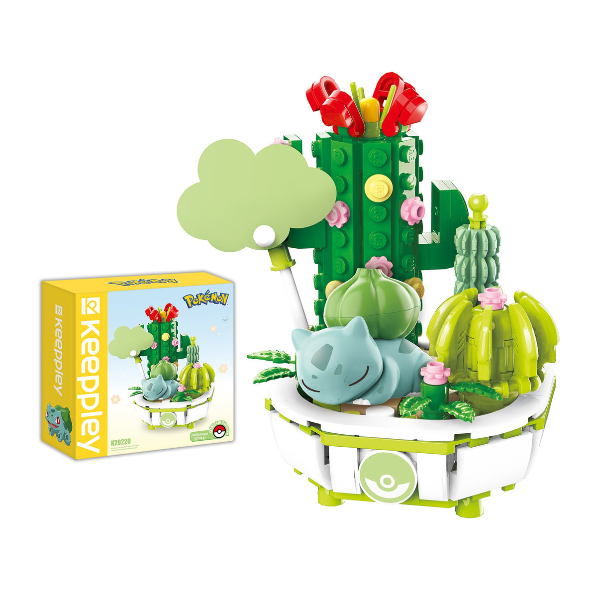 Bulbasaur – Keeppley K20220 Pokémon building set – assembled model next to the retail box