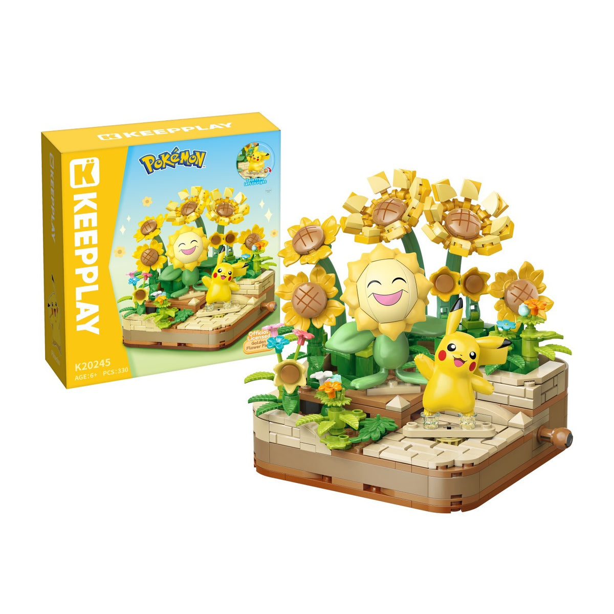 Pikachu and Sunflora – Keeppley K20245 Pokémon building set – assembled model next to the retail box