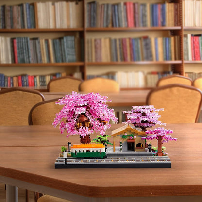 Cherry Blossom Train Station – LHCX 606 micro block set – assembled model on a table