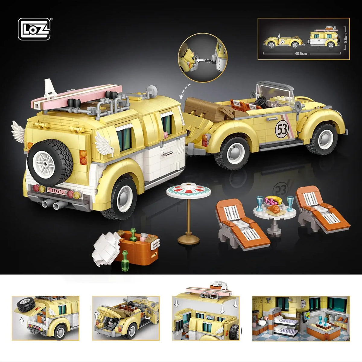 Vintage Car & Caravan – LOZ 1130 mini block set – assembled set on a dark background