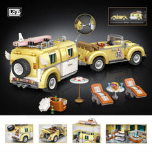 Vintage Car & Caravan – LOZ 1130 mini block set – assembled set on a dark background