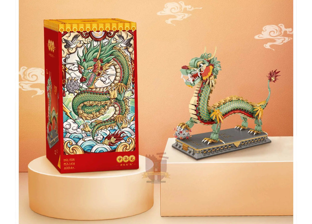 Chinese Dragon – LOZ 1928 mini block set – retail box next to the assembled dragon